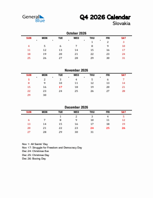 Slovakia Quarter 4  2026 calendar template