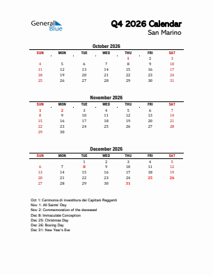 San Marino Quarter 4  2026 calendar template