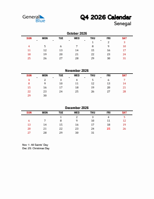 Senegal Quarter 4  2026 calendar template