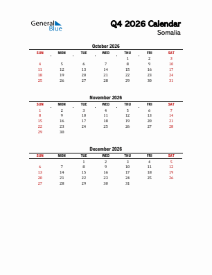 Somalia Quarter 4  2026 calendar template