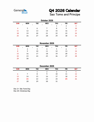 Sao Tome and Principe Quarter 4  2026 calendar template