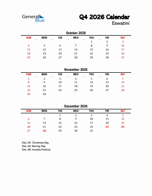 Eswatini Quarter 4  2026 calendar template