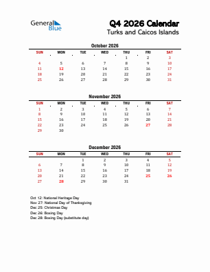 Turks and Caicos Islands Quarter 4  2026 calendar template