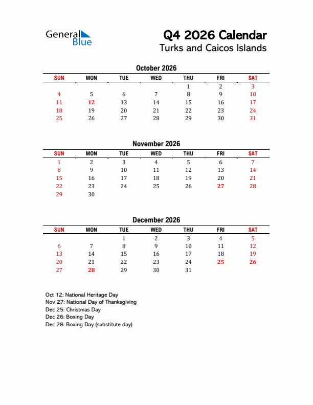 2026 Q4 Calendar with Holidays List for Turks and Caicos Islands