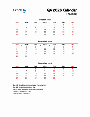 Thailand Quarter 4  2026 calendar template