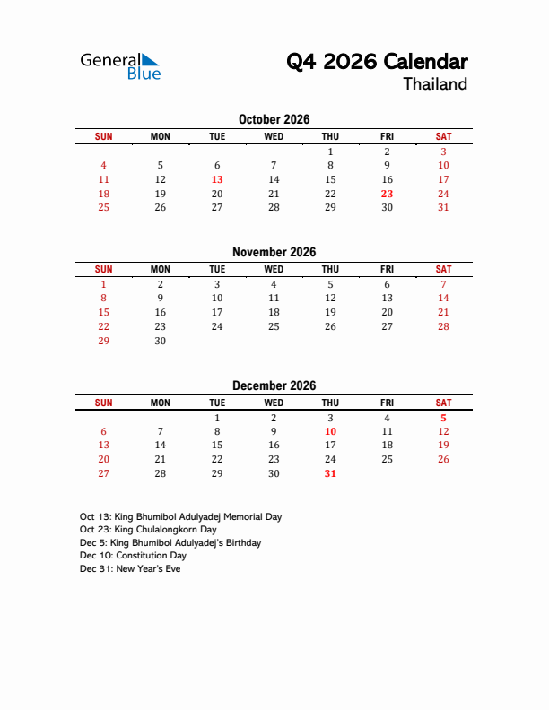 2026 Q4 Calendar with Holidays List for Thailand