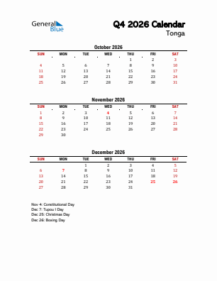 Tonga Quarter 4  2026 calendar template