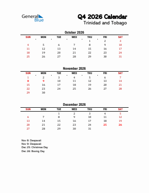 Trinidad and Tobago Quarter 4  2026 calendar template