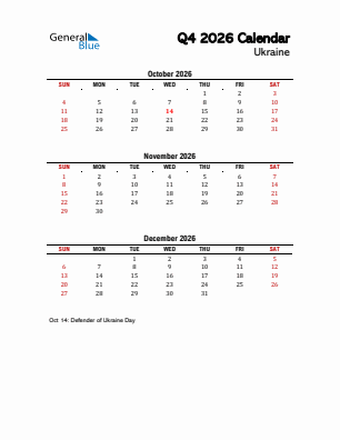 Ukraine Quarter 4  2026 calendar template