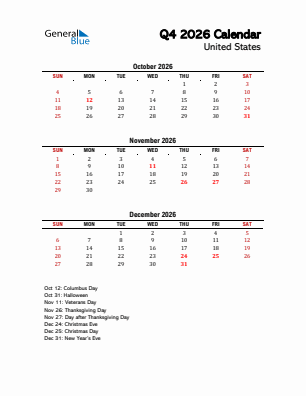 United States Quarter 4  2026 calendar template