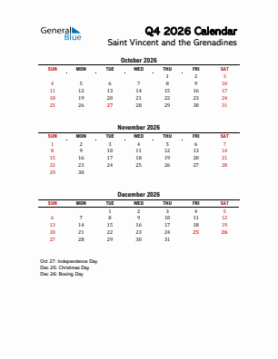 Saint Vincent and the Grenadines Quarter 4  2026 calendar template