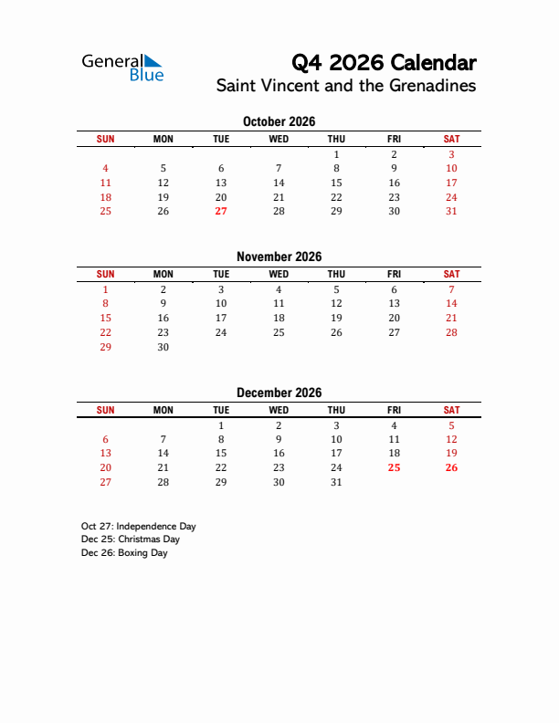 2026 Q4 Calendar with Holidays List for Saint Vincent and the Grenadines