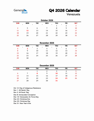 Venezuela Quarter 4  2026 calendar template