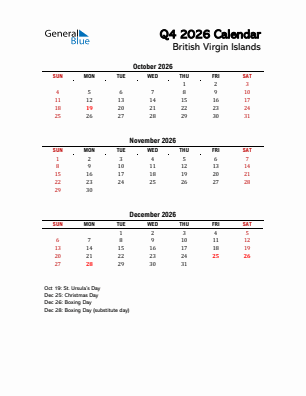 British Virgin Islands Quarter 4  2026 calendar template