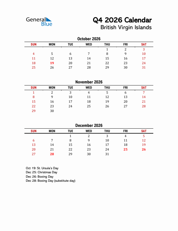 2026 Q4 Calendar with Holidays List for British Virgin Islands