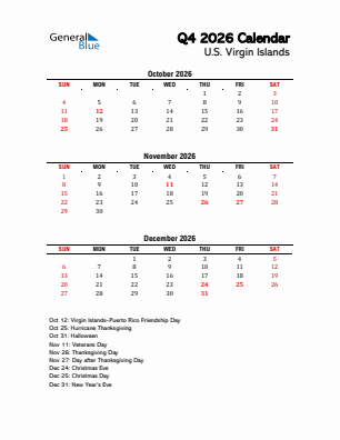 U.S. Virgin Islands Quarter 4  2026 calendar template