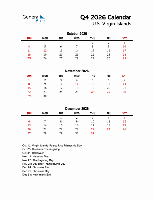 2026 Q4 Calendar with Holidays List for U.S. Virgin Islands