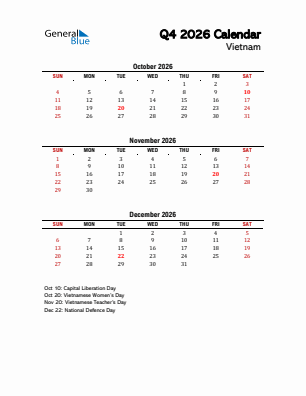 Vietnam Quarter 4  2026 calendar template