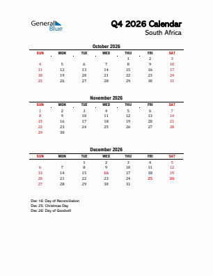 South Africa Quarter 4  2026 calendar template