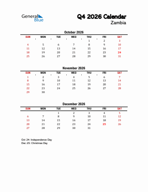 Zambia Quarter 4  2026 calendar template