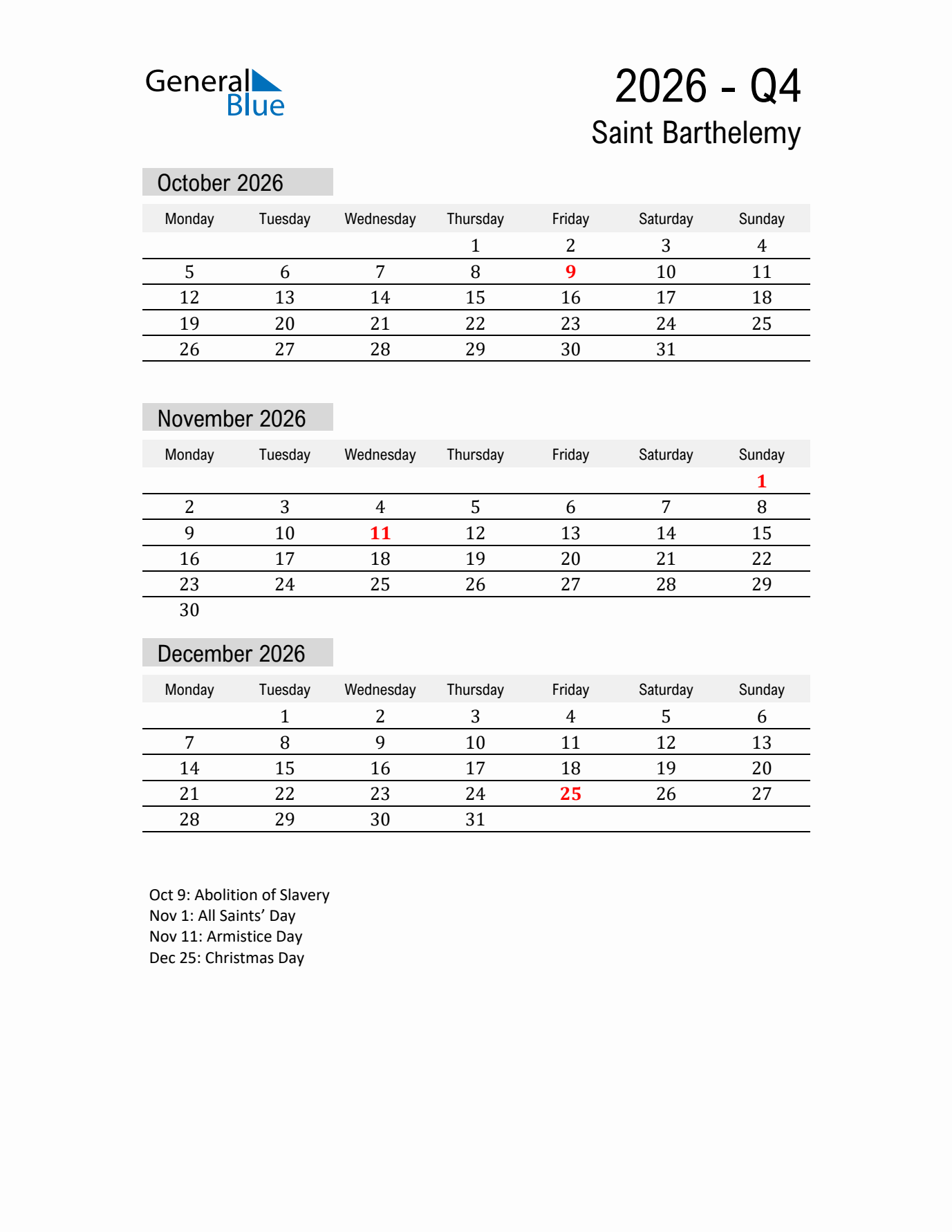 Saint Barthelemy Quarter 4 2026 Calendar with Holidays