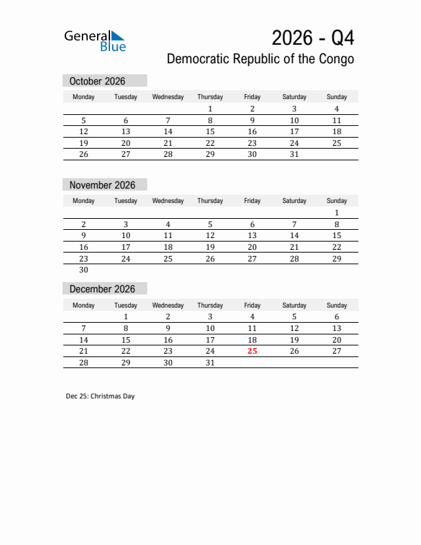 Democratic Republic of the Congo Quarter 4 2026 Calendar with Holidays