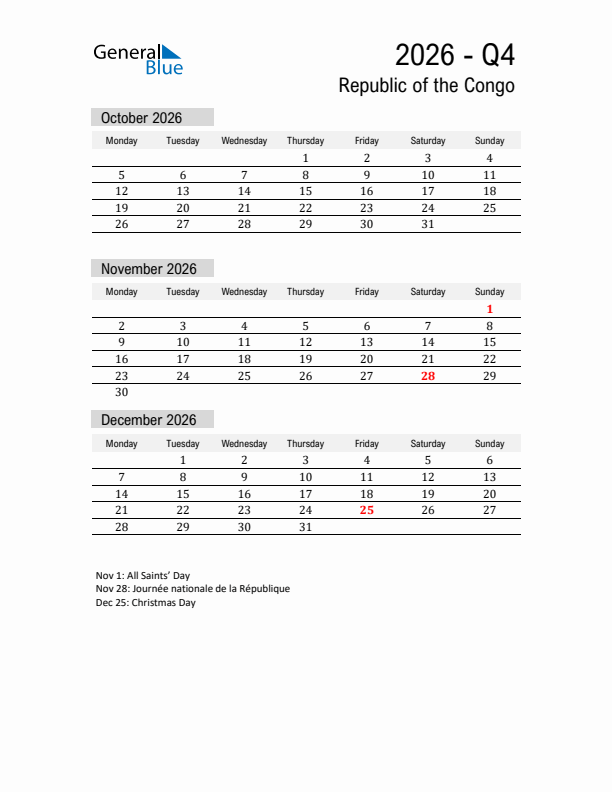 Republic of the Congo Quarter 4 2026 Calendar with Holidays