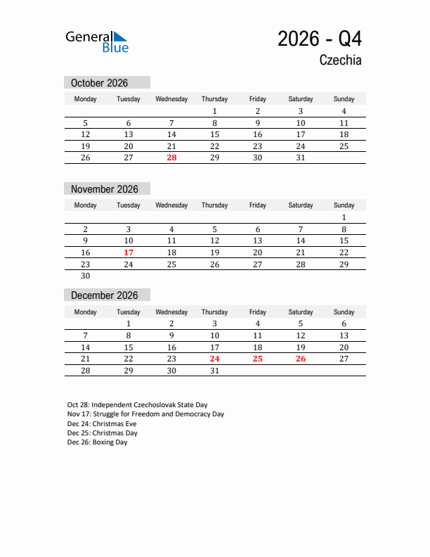 Czechia Quarter 4 2026 Calendar with Holidays