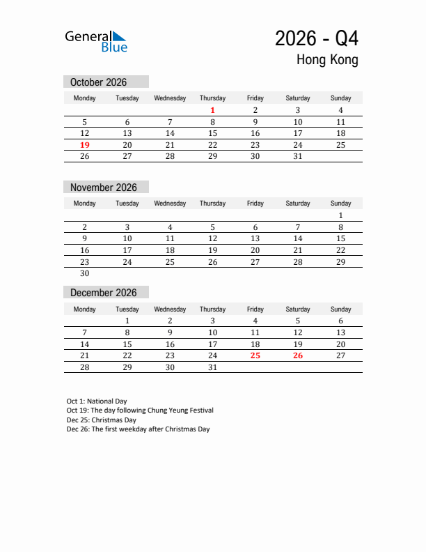 Hong Kong Quarter 4 2026 Calendar with Holidays