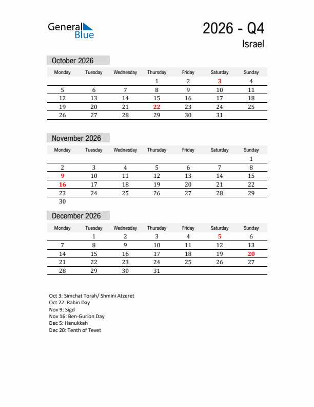Israel Quarter 4 2026 Calendar with Holidays