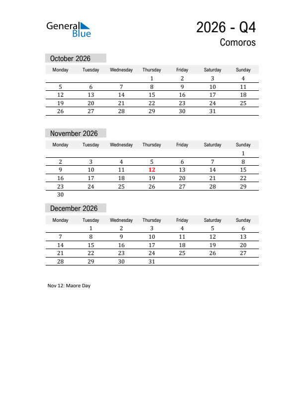 Comoros Quarter 4 2026 Calendar with Holidays