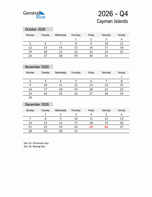 Cayman Islands Quarter 4 2026 Calendar with Holidays
