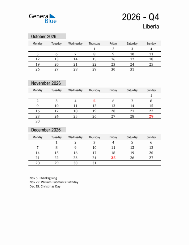 Liberia Quarter 4 2026 Calendar with Holidays