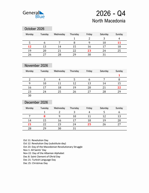 North Macedonia Quarter 4 2026 Calendar with Holidays