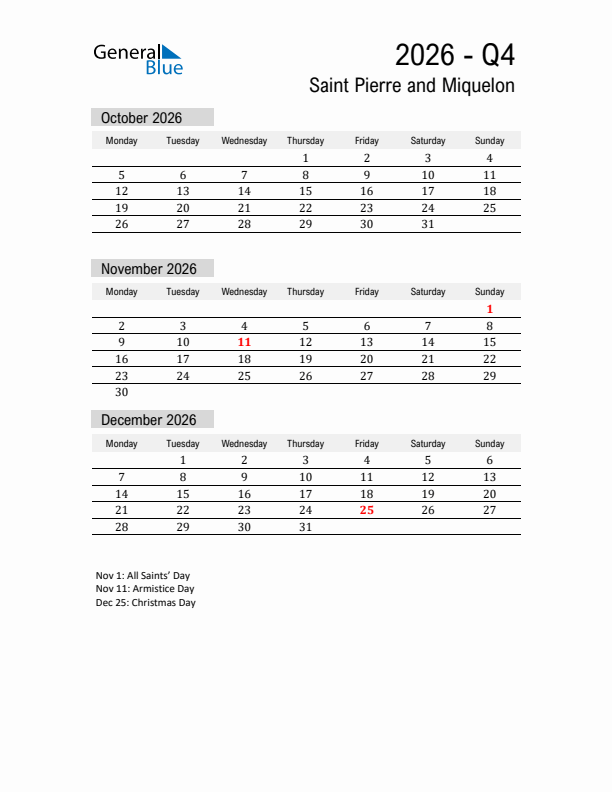 Saint Pierre and Miquelon Quarter 4 2026 Calendar with Holidays