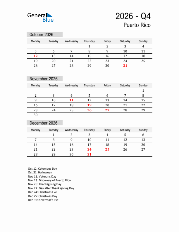 Puerto Rico Quarter 4 2026 Calendar with Holidays