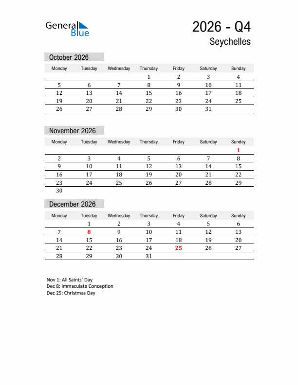Seychelles Quarter 4 2026 Calendar with Holidays