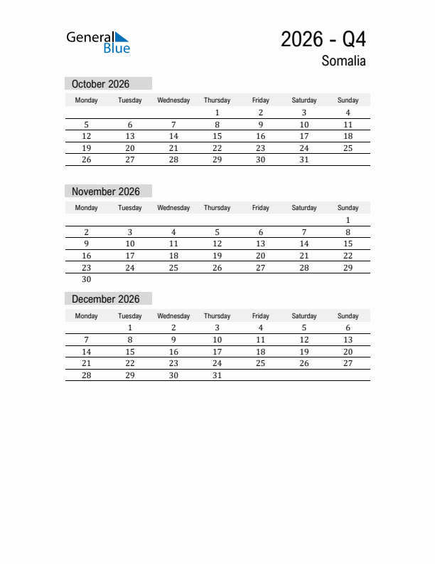 Somalia Quarter 4 2026 Calendar with Holidays