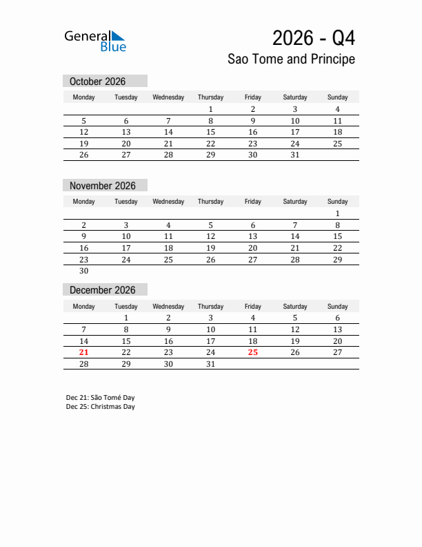 Sao Tome and Principe Quarter 4 2026 Calendar with Holidays