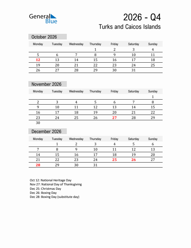Turks and Caicos Islands Quarter 4 2026 Calendar with Holidays