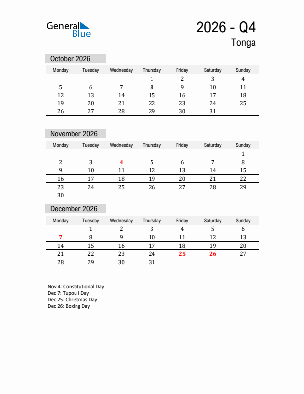 Tonga Quarter 4 2026 Calendar with Holidays