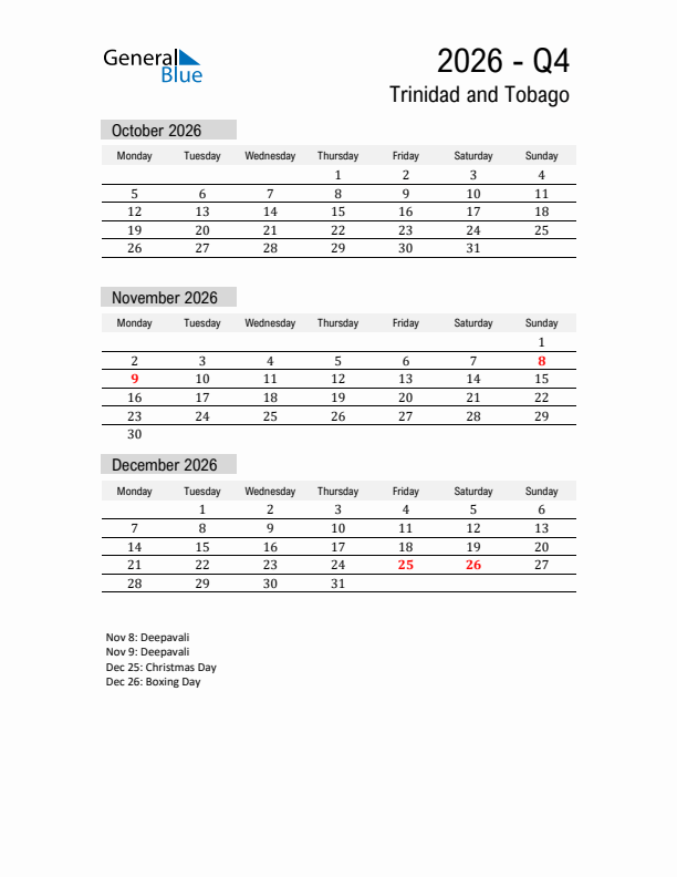 Trinidad and Tobago Quarter 4 2026 Calendar with Holidays