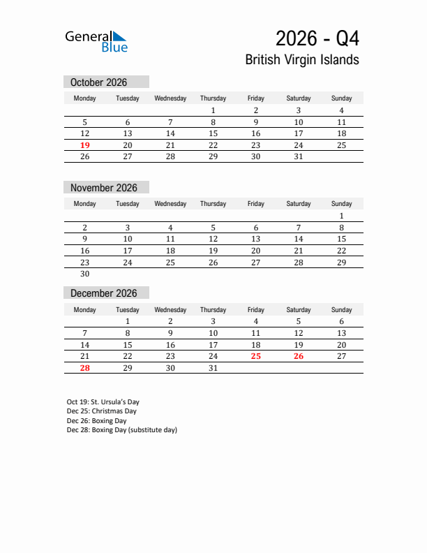 British Virgin Islands Quarter 4 2026 Calendar with Holidays