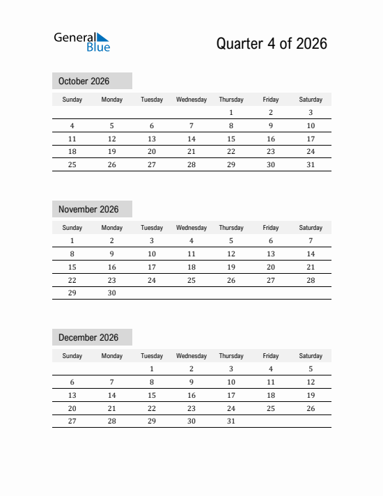 Quarter 4 2026 calendar template