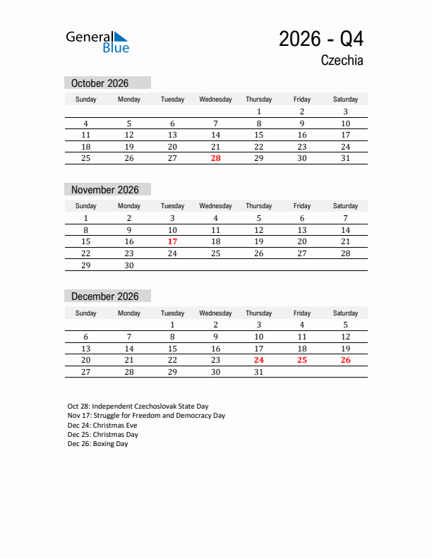Czechia Quarter 4 2026 Calendar with Holidays