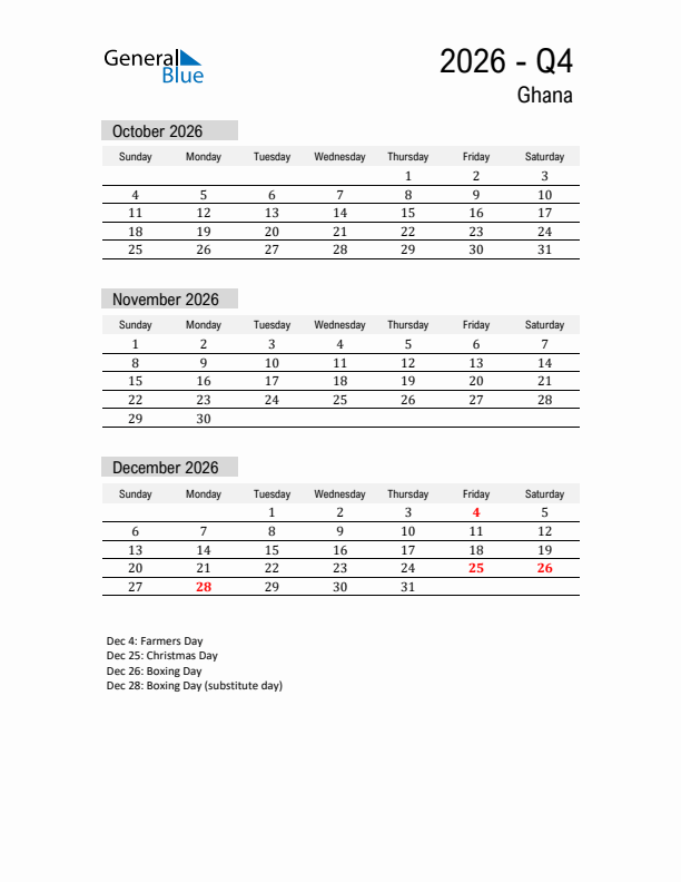 Ghana Quarter 4 2026 Calendar with Holidays