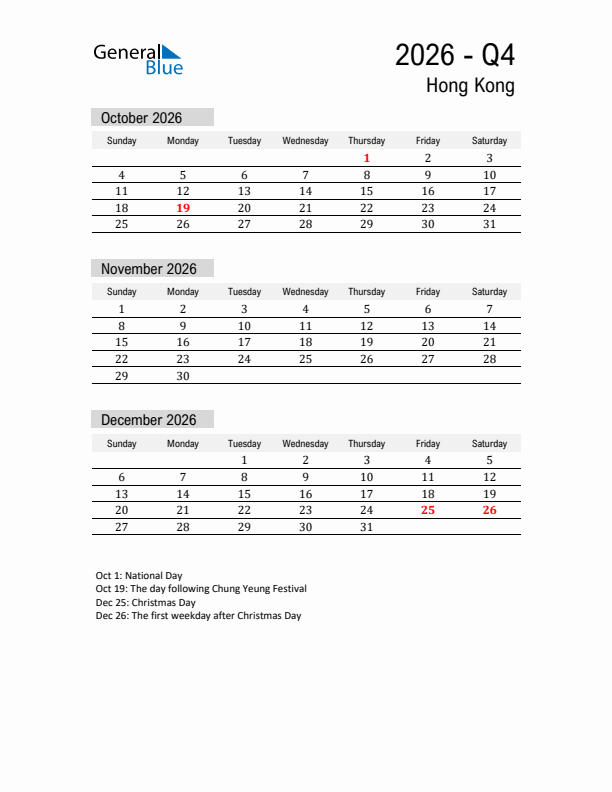 Hong Kong Quarter 4 2026 Calendar with Holidays