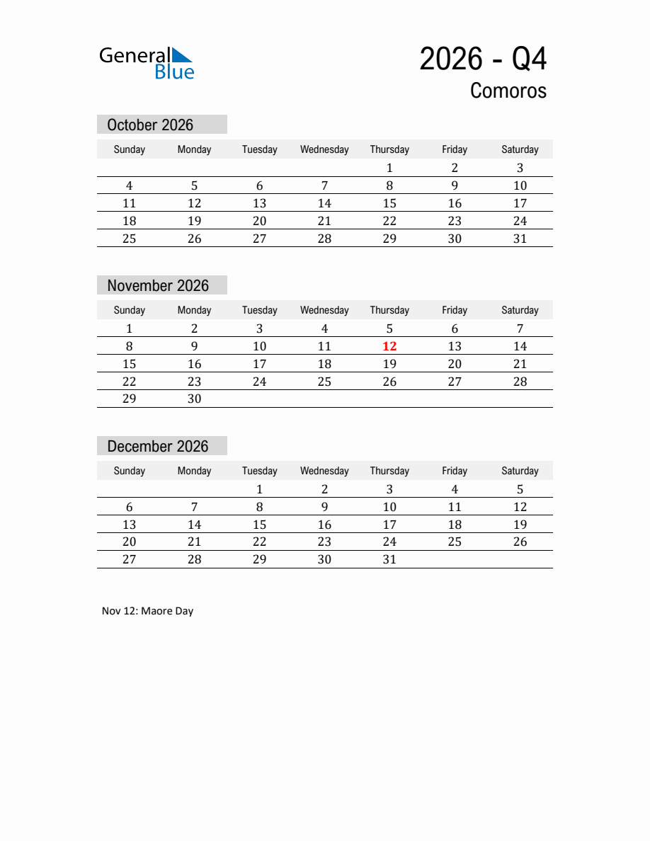 Comoros Quarter 4 2026 Calendar with Holidays