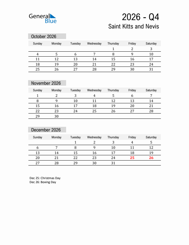 Saint Kitts and Nevis Quarter 4 2026 Calendar with Holidays