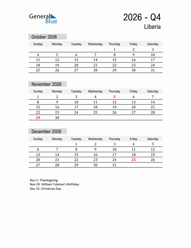 Liberia Quarter 4 2026 Calendar with Holidays